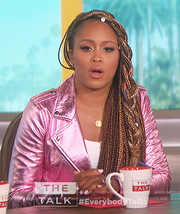 Eve’s pink metallic moto jacket on The Talk