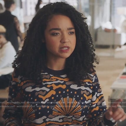 Kat’s navy printed sweater on The Bold Type