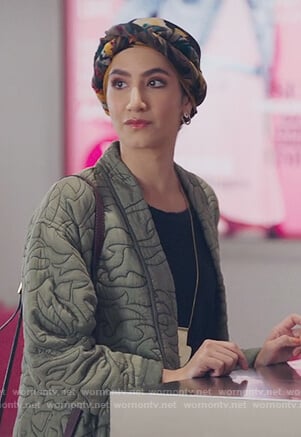 Adena’s green quilted kimono jacket on The Bold Type
