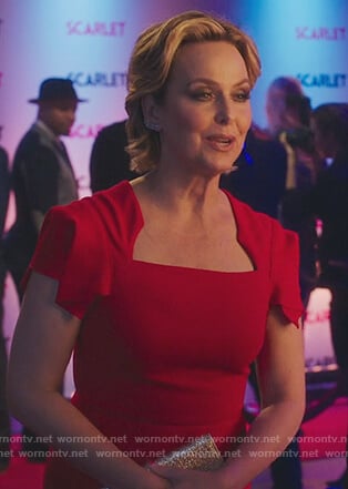 Jacqueline’s red square neck sheath dress on The Bold Type