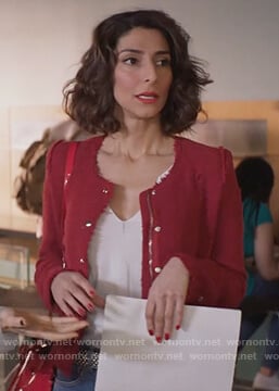 Delia’s red tweed jacket and striped denim jeans on Girlfriends Guide to Divorce