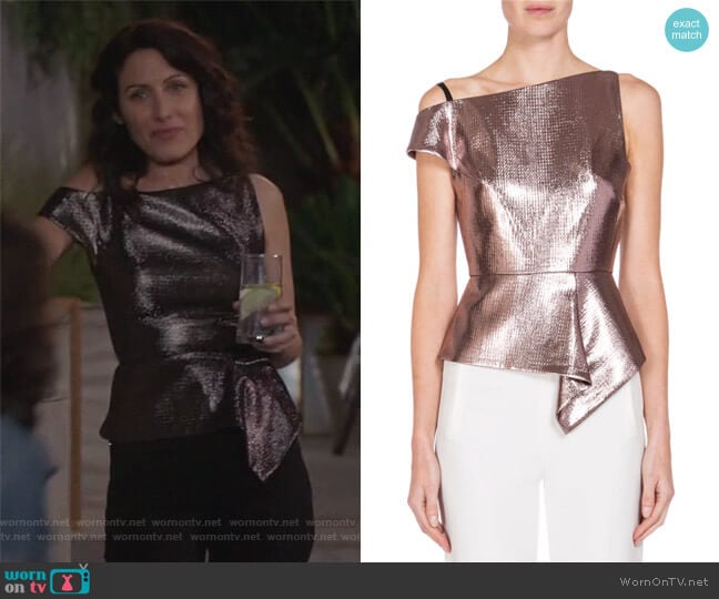 Roland Mouret Asymmetric One-Shoulder Peplum Top worn by Abby McCarthy (Lisa Edelstein) on Girlfriends Guide to Divorce