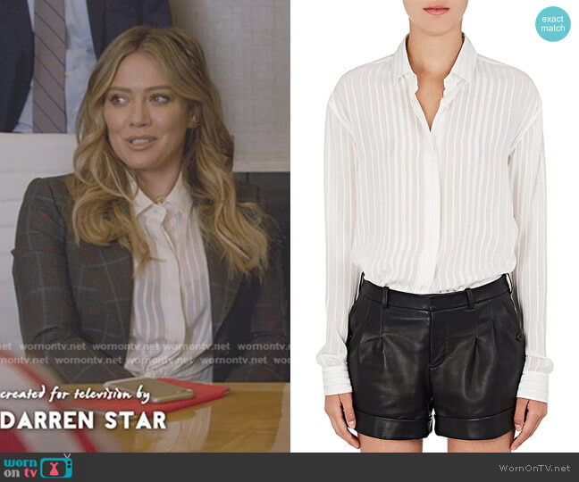Saint Laurent Striped Silk-Blend Georgette Blouse worn by Kelsey Peters (Hilary Duff) on Younger