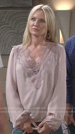 Sharon’s mauve lace trim blouse on The Young and the Restless