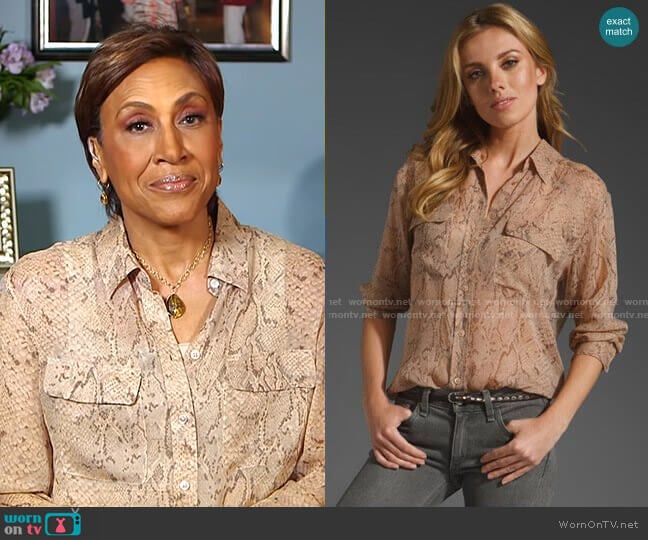 Equipment Signature Python Chiffon Blouse worn by Robin Roberts on Good Morning America
