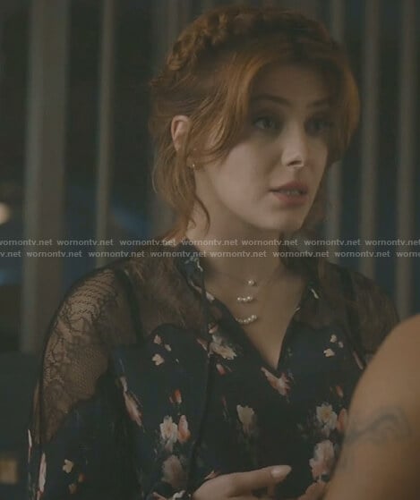 Sonia’s navy floral lace inset top on The Gifted