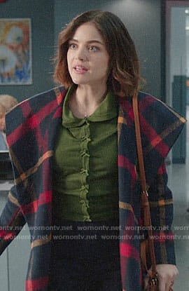 Stella’s checked coat and green bow button cardigan on Life Sentence