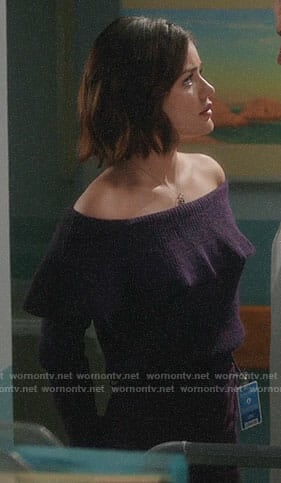 Stella’s purple off-shoulder sweater on Life Sentence