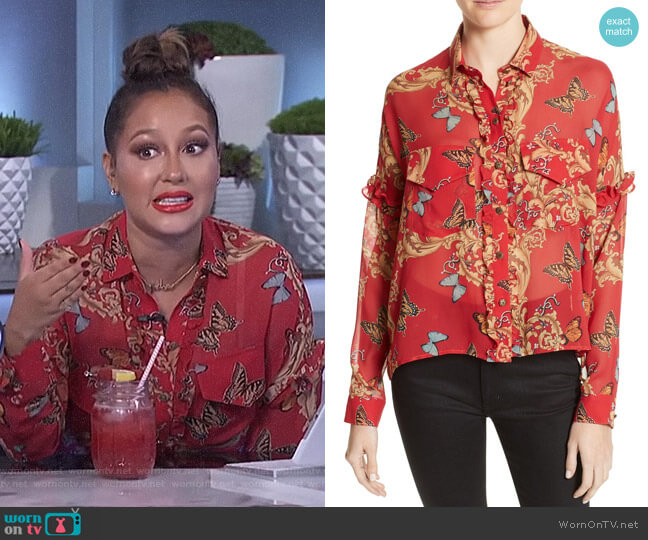 The Kooples Print Ruffled Silk Shirt worn by Adrienne Houghton on The Real