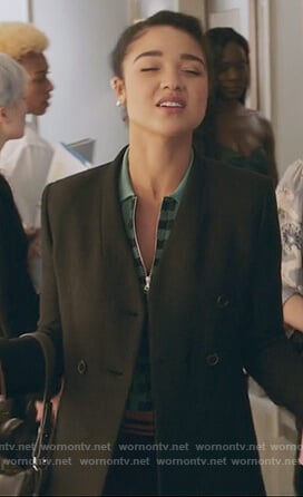 Kat’s black three button wool coat on The Bold Type