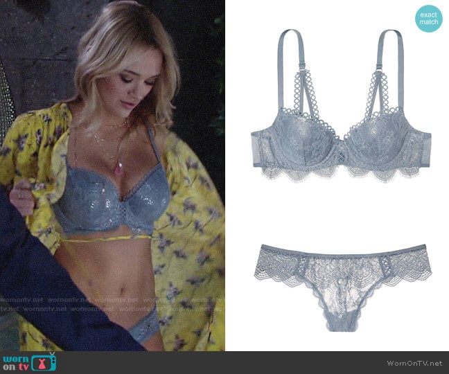 Victorias Secret Dream Angels Demi Bra in Coastal Blue Wildheart Lace With Silver Foil Shine worn by Summer Newman (Hunter King) on The Young and the Restless