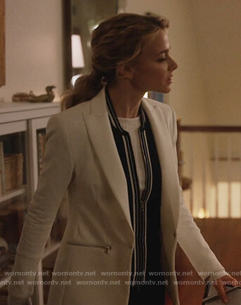 Lizzie’s white zip pockets blazer on Instinct