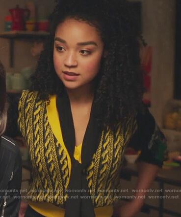 Kat’s yellow cable print cardigan on The Bold Type