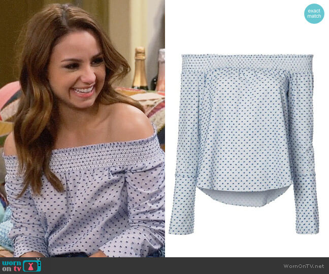 10 Crosby Derek Lam Dots Print Off-shoulder Blouse worn by Sofia Rodriguez (Aimee Carrero) on Young and Hungry