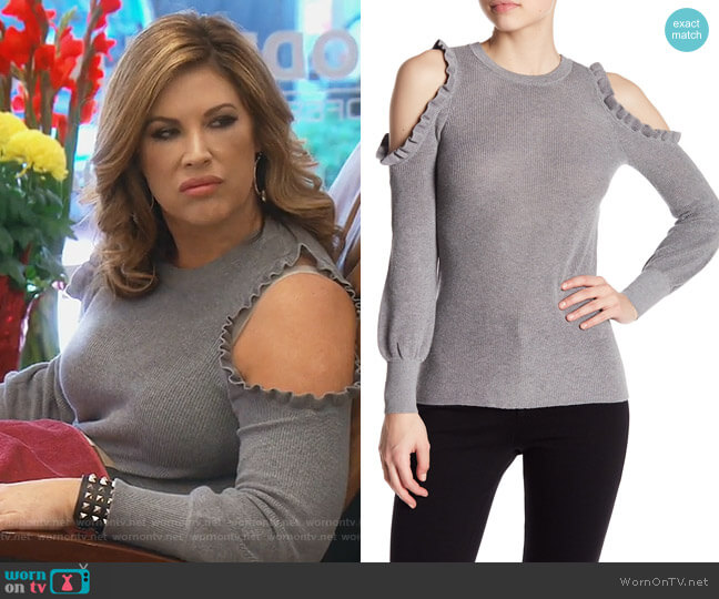 1.State Ruffled Cold Shoulder Bubble Sleeve Sweater worn by Emily Simpson on The Real Housewives of Orange County