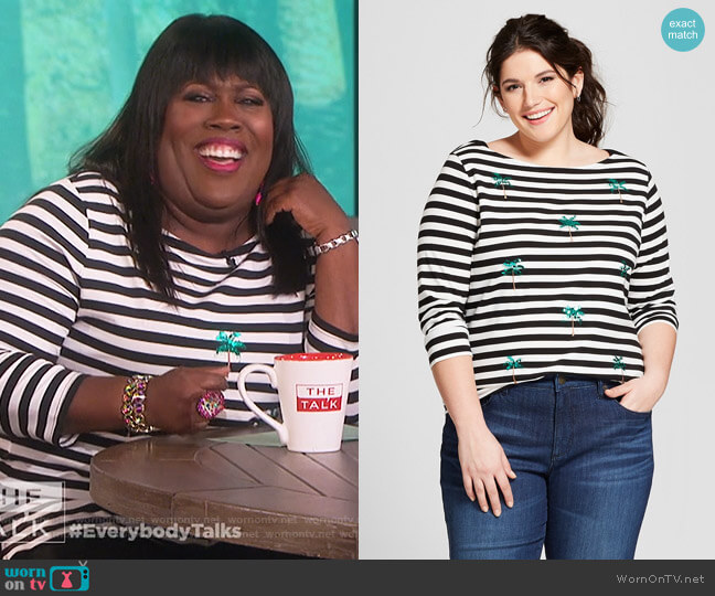 A New Day Striped Sequin Palm Trees Boatneck 3/4 Sleeve T-shirt worn by Sheryl Underwood on The Talk