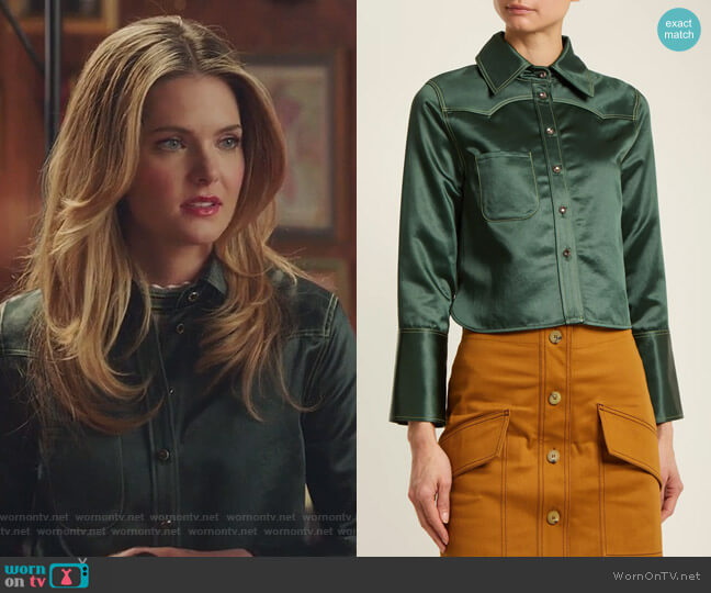 Acne Studios Rebecca Chinz contrast-stitch satin shirt worn by Sutton (Meghann Fahy) on The Bold Type