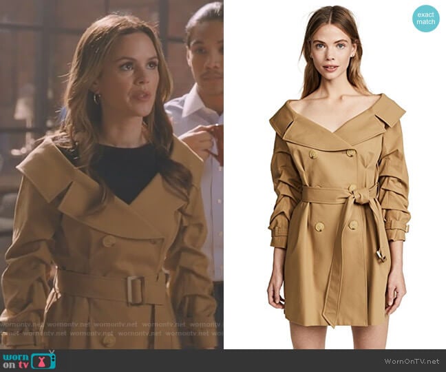 Alice + Olivia Candace Off Shoulder Trench Coat worn by Samantha Swift (Rachel Bilson) on Take Two