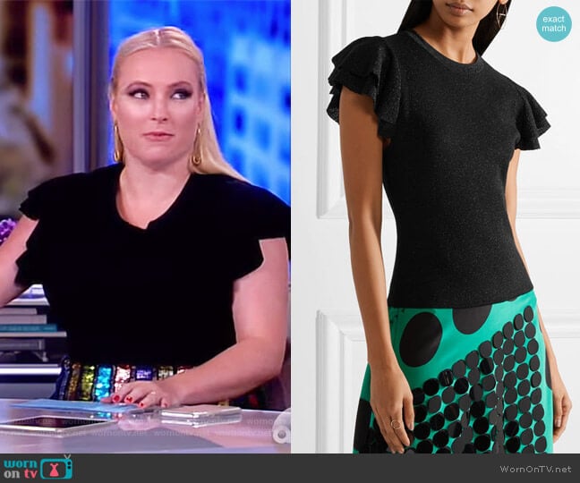 Alice + Olivia Kenia ruffled metallic wool-blend top worn by Meghan McCain on The View