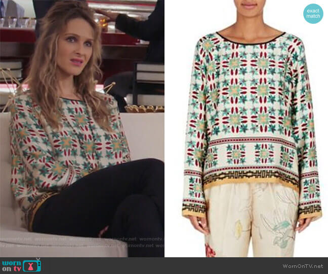 Giada Forte Azulejo Floral Cotton Silk Blouse worn by Phoebe Wells (Beau Garrett) on Girlfriends Guide to Divorce