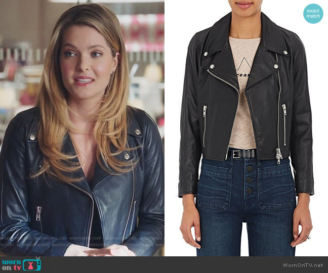 Barneys New York XO Jennifer Meyer Crop Moto Jacket worn by Sutton (Meghann Fahy) on The Bold Type