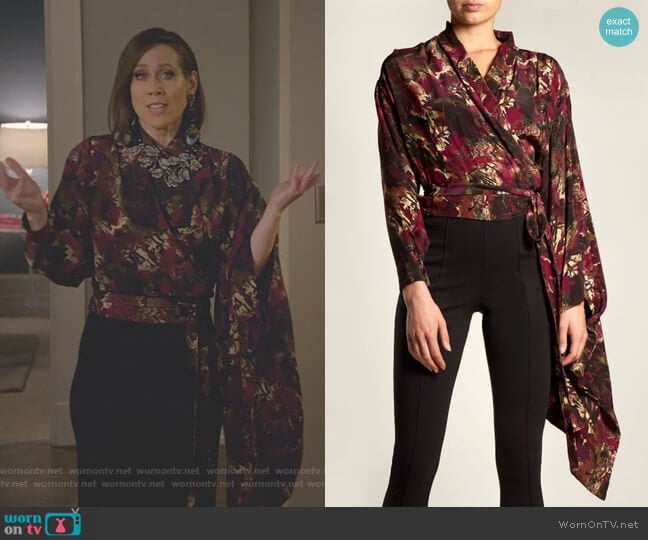 Balenciaga Abstract-Print Crepe de Chine Wrap Top worn by Diana Trout (Miriam Shor) on Younger