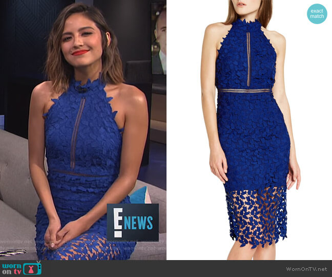Bardot Gemma Halter Lace Sheath Dress worn by Erin Lim on E! News