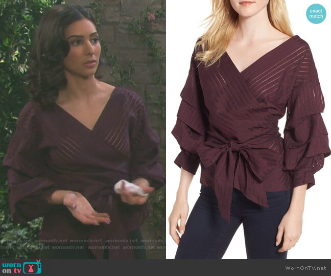 Chelsea 28 Shadow Stripe Wrap Blouse worn by Gabi Hernandez (Camila Banus) on Days of our Lives