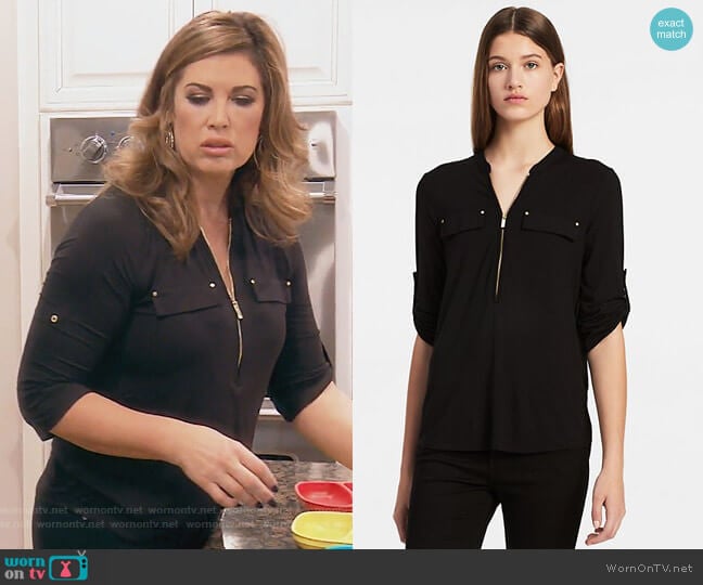 Calvin Klein Zip Roll-up 3/4 Sleeve Top worn by Emily Simpson on The Real Housewives of Orange County