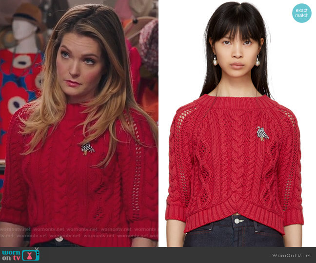 Carven Red Cable Crop Sweater worn by Sutton (Meghann Fahy) on The Bold Type
