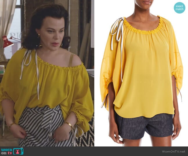Derek Lam Scoop-Neck Balloon-Sleeve Silk Blouse with Drawstring Detail worn by Maggie (Debi Mazar) on Younger