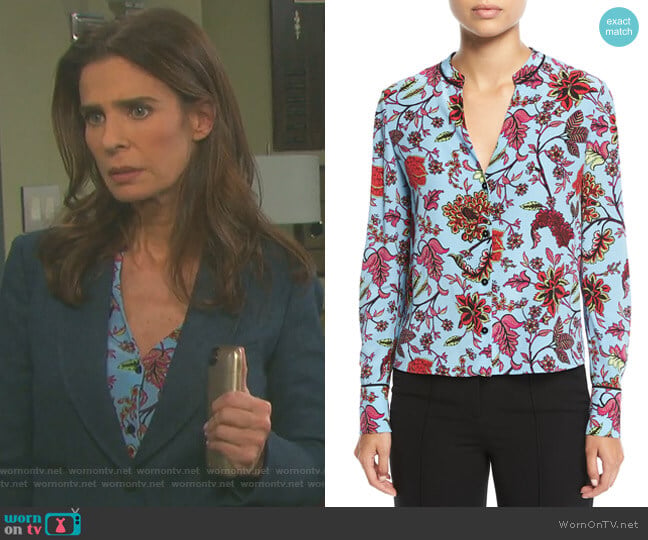 Diane von Furstenberg Long-Sleeve V-Neck Silk Shirt worn by Hope Williams (Kristian Alfonso) on Days of our Lives