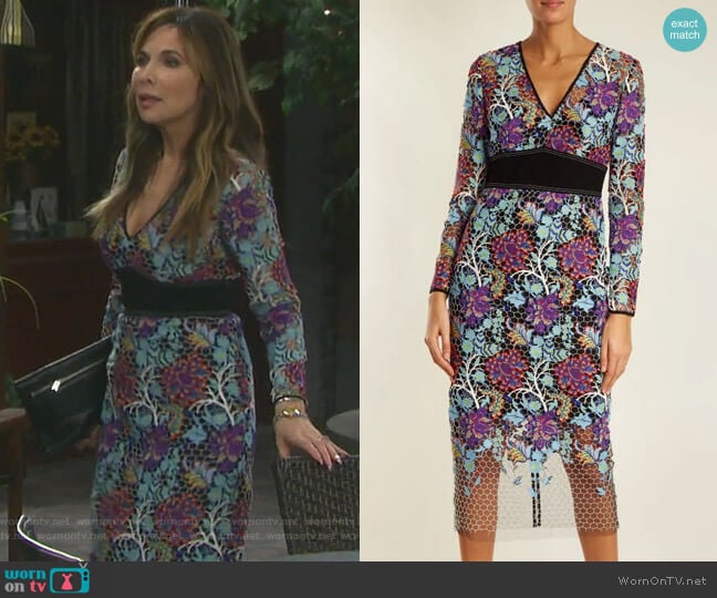 Diane von Furstenberg V-Neck Floral-Lace Dress worn by Kate Roberts (Lauren Koslow) on Days of our Lives