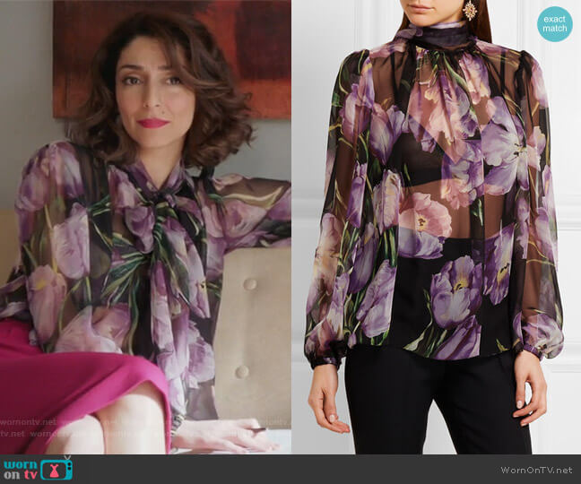 Dolce & Gabbana Floral-print silk-chiffon blouse worn by Delia (Necar Zadegan) on Girlfriends Guide to Divorce