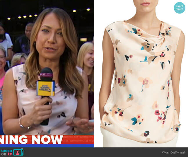 Donna Karan Sleeveless Asymmetric Pleat Neck Top worn by Ginger Zee on Good Morning America