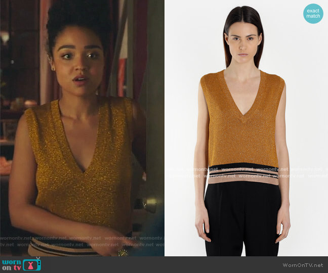 Dries Van Noten Metallic V-neck Top worn by Kat Edison (Aisha Dee) on The Bold Type