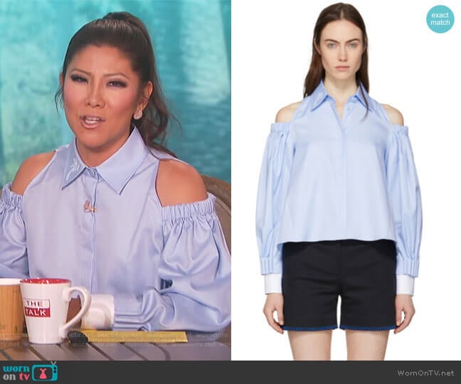 Fendi Blue Open Shoulder Palm Shirt worn by Julie Chen on The Talk