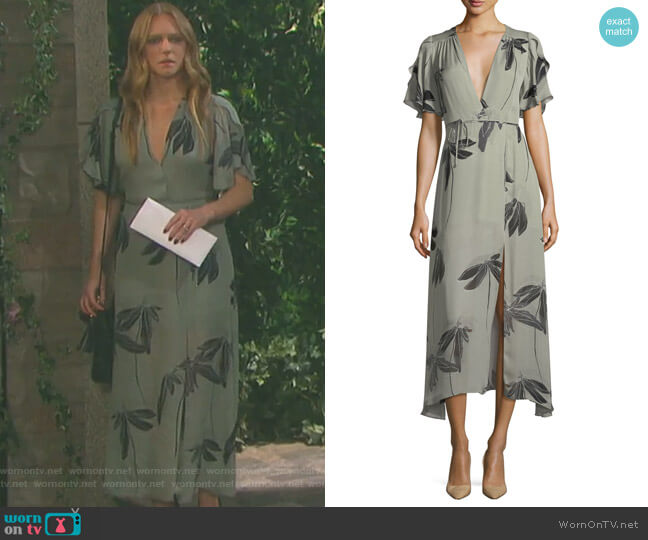 Halston Heritage Flutter-Sleeve Printed Silk Faux-Wrap Dress worn by Abigail Deveraux (Kate Mansi) on Days of our Lives