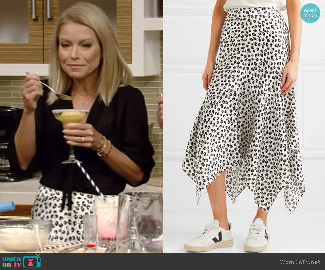 Ganni Dufort Asymmetric Printed Silk-Satin Midi Skirt worn by Kelly Ripa on Live with Kelly and Mark