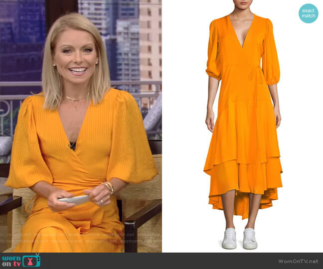Ganni Wilkie Seersucker Wrap Dress worn by Kelly Ripa on Live with Kelly and Mark