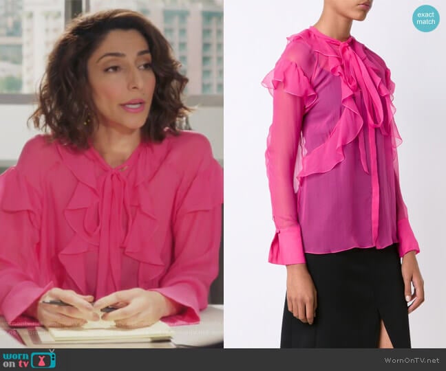 Givenchy Sheer Ruffled Shirt worn by Delia (Necar Zadegan) on Girlfriends Guide to Divorce
