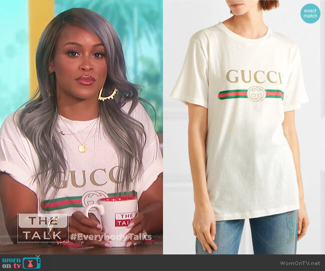 Gucci Appliquéd distressed printed cotton-jersey T-shirt worn by Eve on The Talk