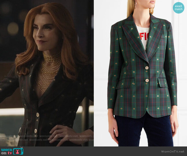 Gucci Embroidered checked wool blazer worn by Kitty Montgomery (Julianna Margulies) on Dietland