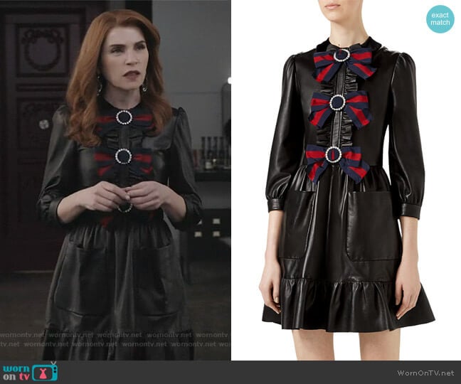Gucci 3/4-Sleeve Bow-Trim Leather Dress worn by Kitty Montgomery (Julianna Margulies) on Dietland