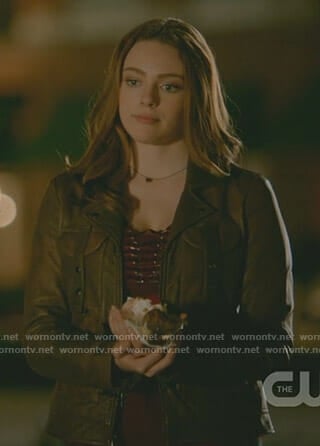 Hope’s brown open back moto jacket on The Originals