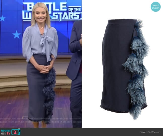 Johanna Ortiz High-Rise Feather-Embellished Midi Skirt worn by Kelly Ripa on Live with Kelly and Mark