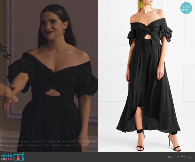 Johanna Ortiz Maria Felix off-the-shoulder silk midi dress worn by Jane Sloan (Katie Stevens) on The Bold Type