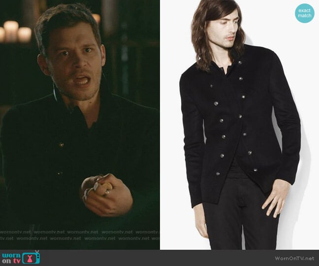 John Varvatos Double Breasted Leather Trimmed Jacket worn by Klaus Mikaelson (Joseph Morgan) on The Originals