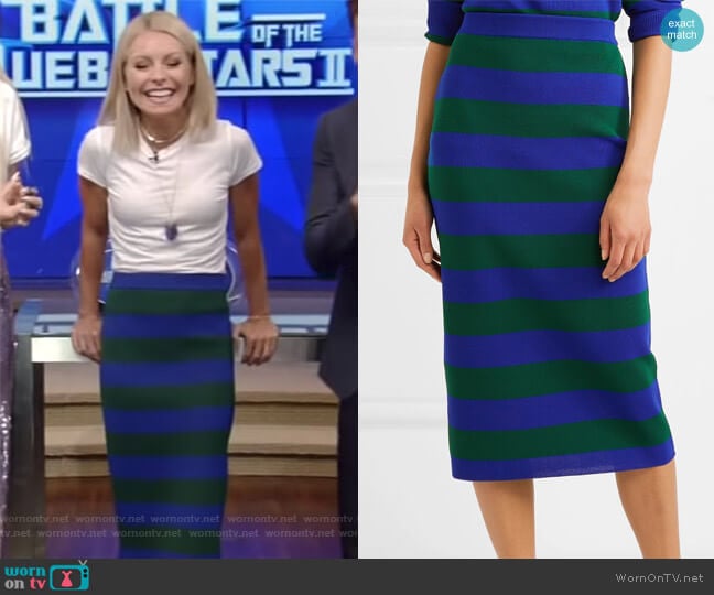 Joseph Green & Blue Striped Milano Skirt worn by Kelly Ripa on Live with Kelly and Mark