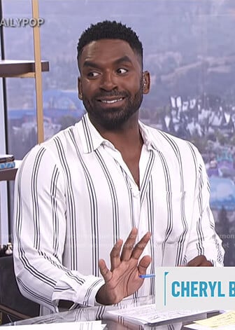 Justin’s white striped shirt on E! News Daily Pop